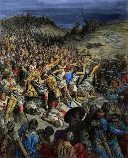 A historical battle scene depicts heavily armored knights in white tunics with red crosses fighting against darker-clad…