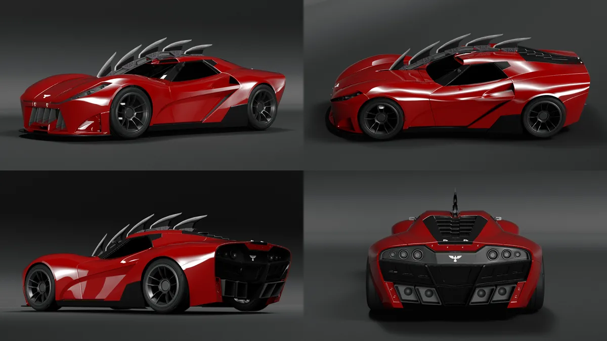 The image displays four studio shots of a futuristic red sports car with aggressive styling, including shark-fin-like…