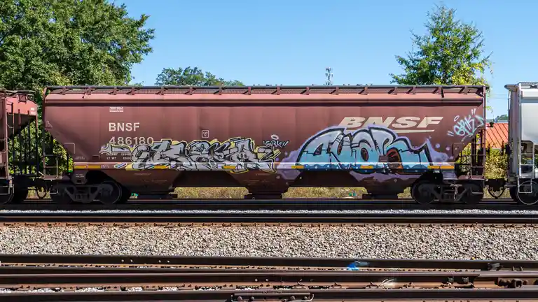 A brown BNSF freight train car, numbered 486180, sits on tracks under a clear blue sky, covered in large, colorful graffiti…
