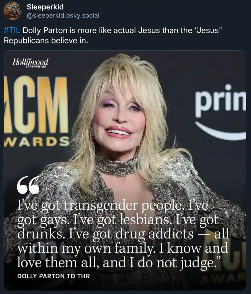 A photo of Dolly Parton smiling at an ACM Awards event, wearing a sparkly silver outfit. Overlaid text quotes her saying she…