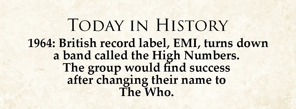A beige parchment-style image displays black serif text titled 'TODAY IN HISTORY', detailing how in 1964, British record…