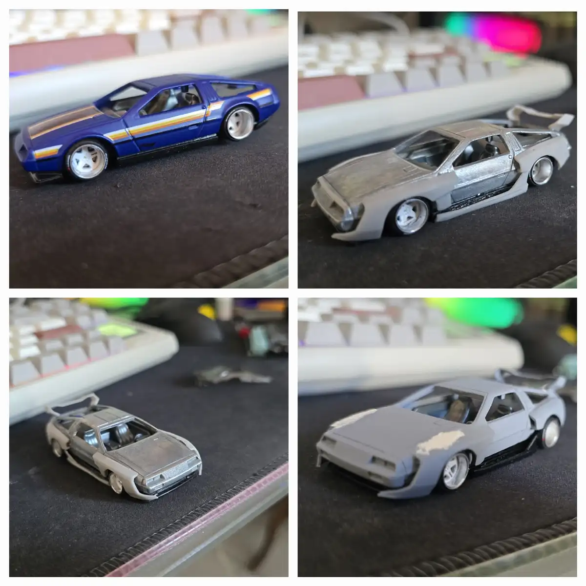 A four-panel image shows a Hot Wheels DeLorean toy car in four stages of modification. The top-left panel shows the original…