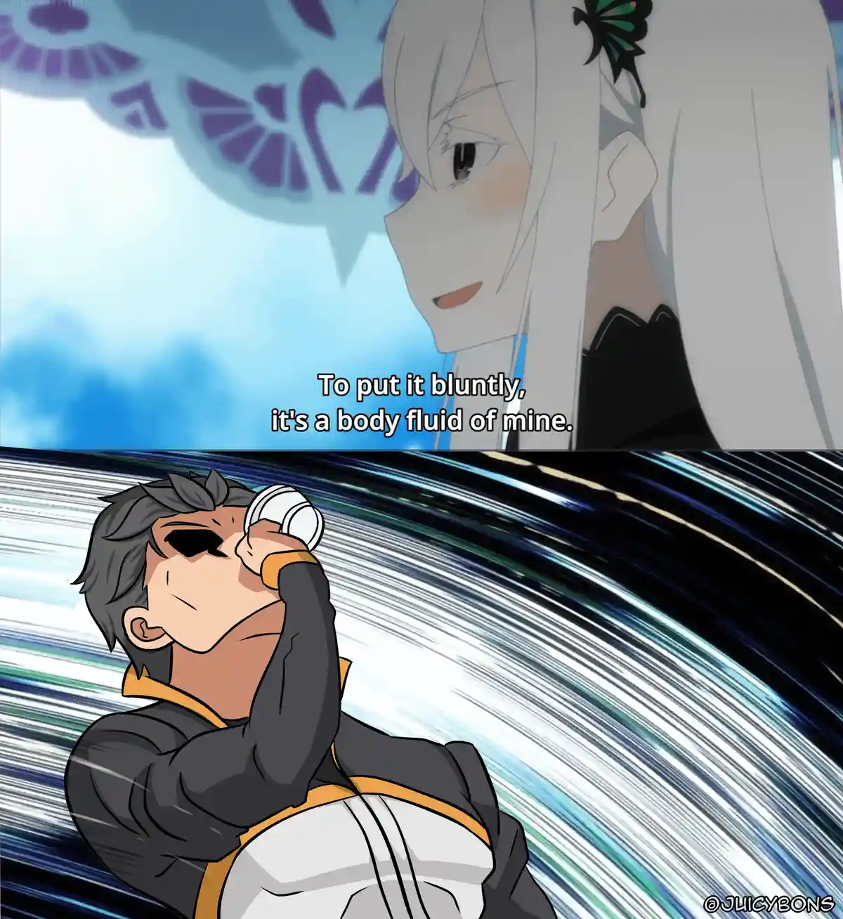 The top panel shows a white-haired anime girl with a butterfly hairpin, smiling slightly while a purple magical symbol…