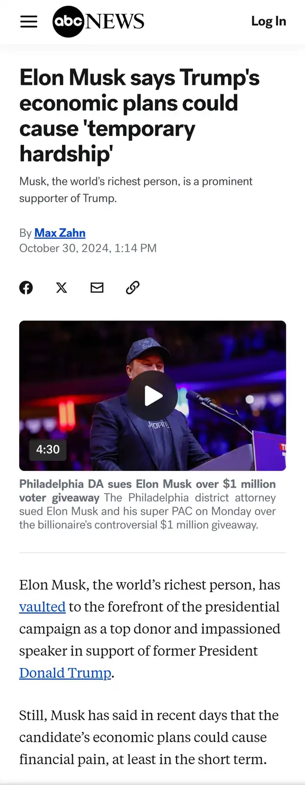 An abcnews.com article screenshot shows a headline about Elon Musk saying Trump's economic plans could cause 'temporary…