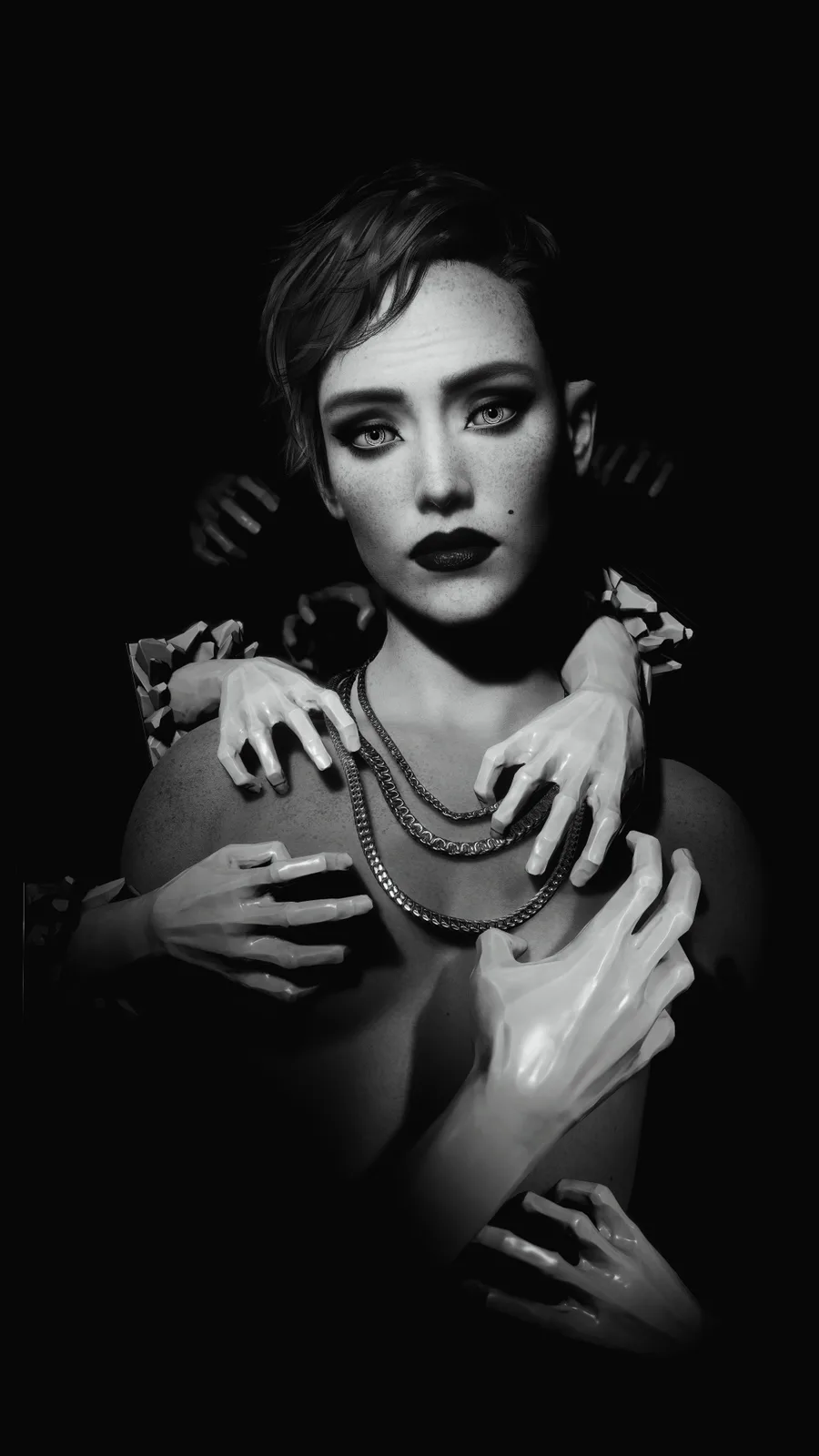 A black-and-white portrait of a woman with short hair and dark lipstick, surrounded by multiple pale, glossy, sculpted hands…
