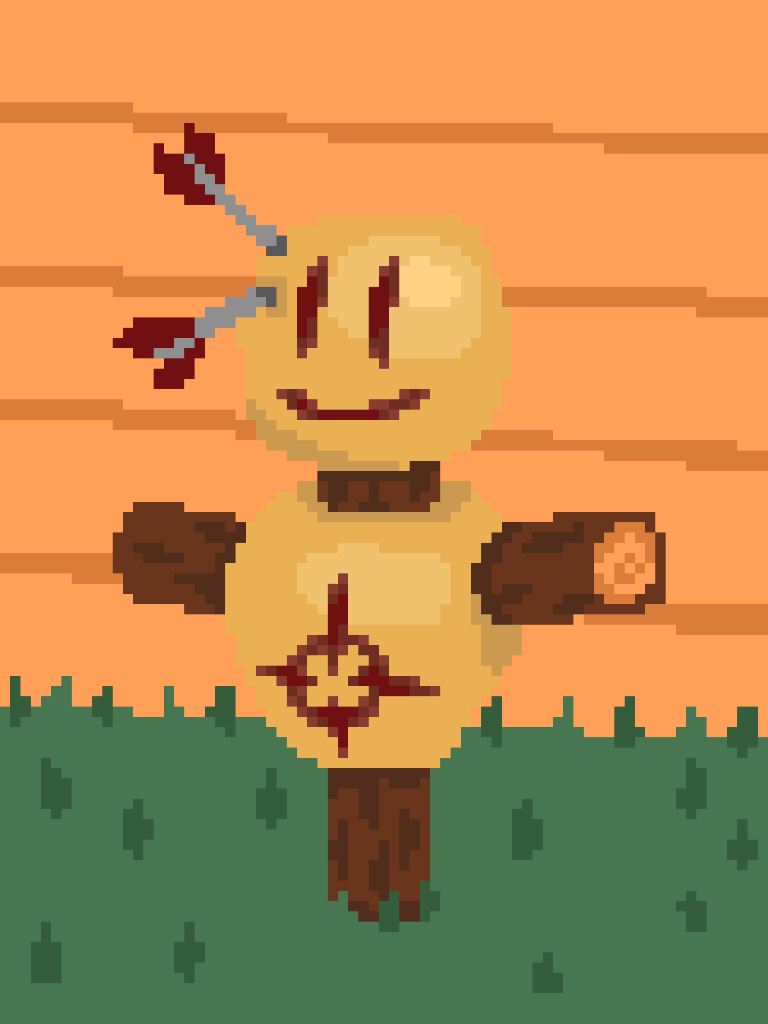 A pixel art image shows a cheerful, yellow, round-headed character with red eyes and a wide smile, wearing brown shorts and…