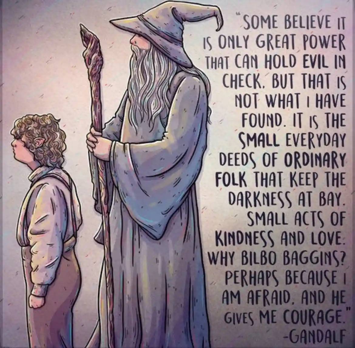 An illustrated image shows Gandalf the Grey standing tall beside a small, younger hobbit, Bilbo Baggins, who looks up at…