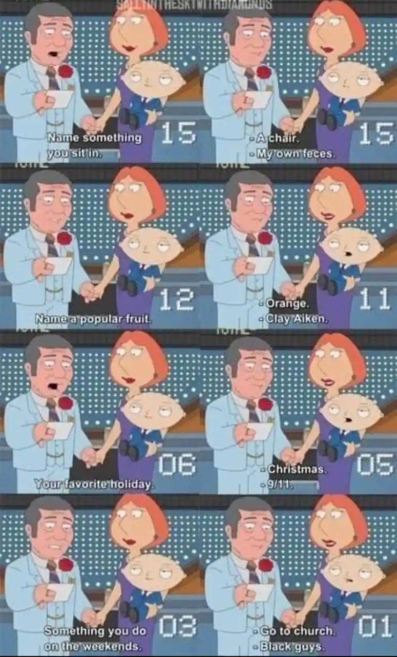 A meme featuring Lois Griffin and Stewie Griffin on a game show, where Lois answers trivia questions while Stewie looks on…