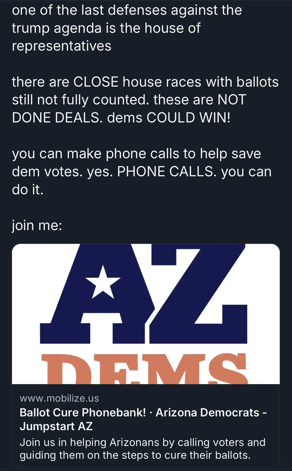 A dark-themed image displays white text urging political action, stating that close House races with uncounted ballots are…