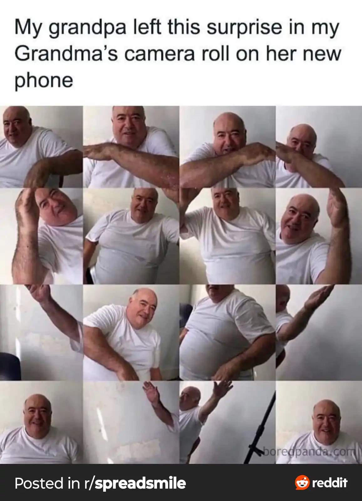 A grid of 16 photos shows a bald, heavyset man in a white t-shirt posing in various silly, exaggerated ways, often with his…