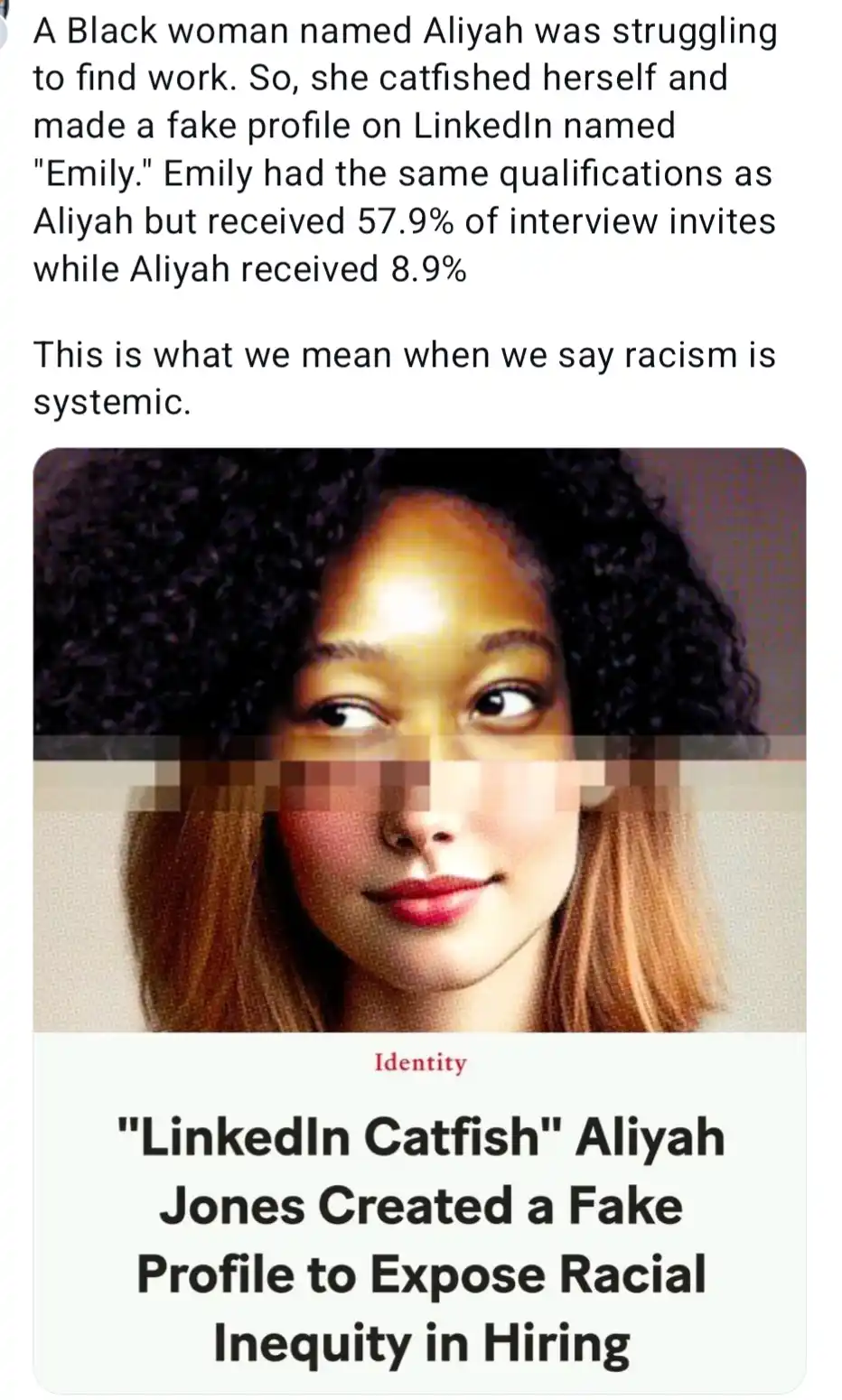 The image shows a woman with dark curly hair and a light complexion, her face partially pixelated. Overlaid text describes…