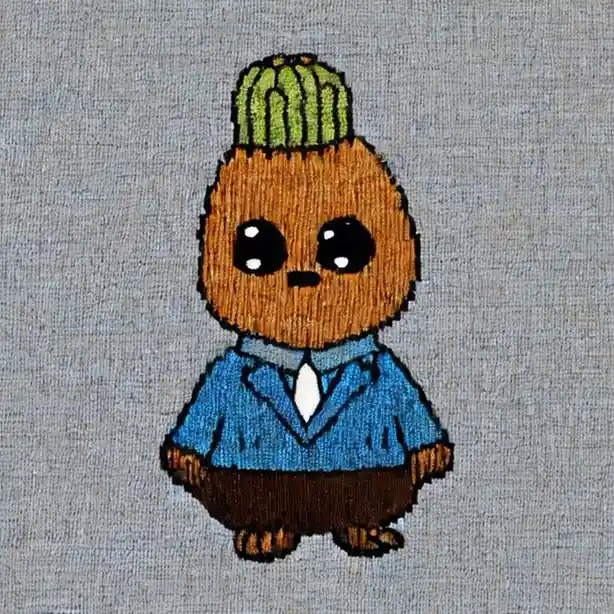 An embroidered patch on gray fabric shows a cute, cartoonish cactus character with large black eyes, wearing a blue suit…
