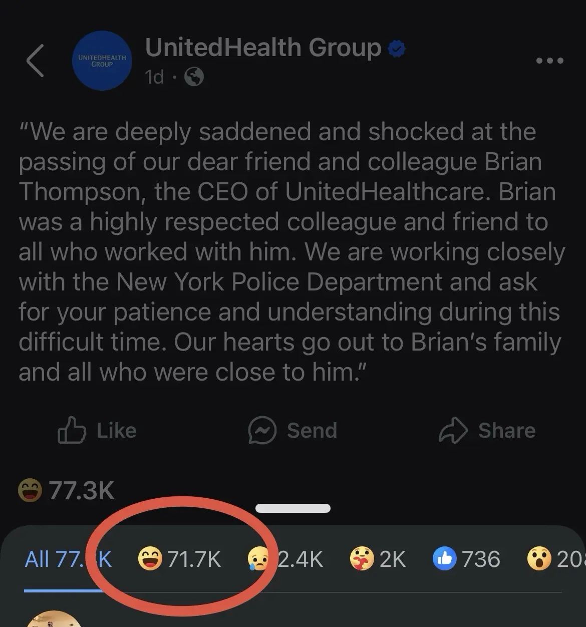 A screenshot of a UnitedHealth Group Facebook post announcing the death of Brian Thompson, CEO of UnitedHealthcare, with a…