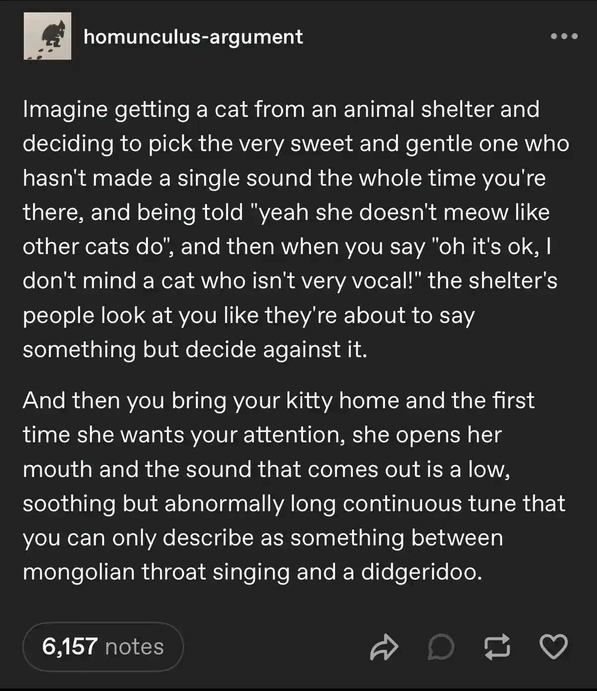 The image displays a text post on a dark background, describing a humorous scenario where someone adopts a silent cat from a…