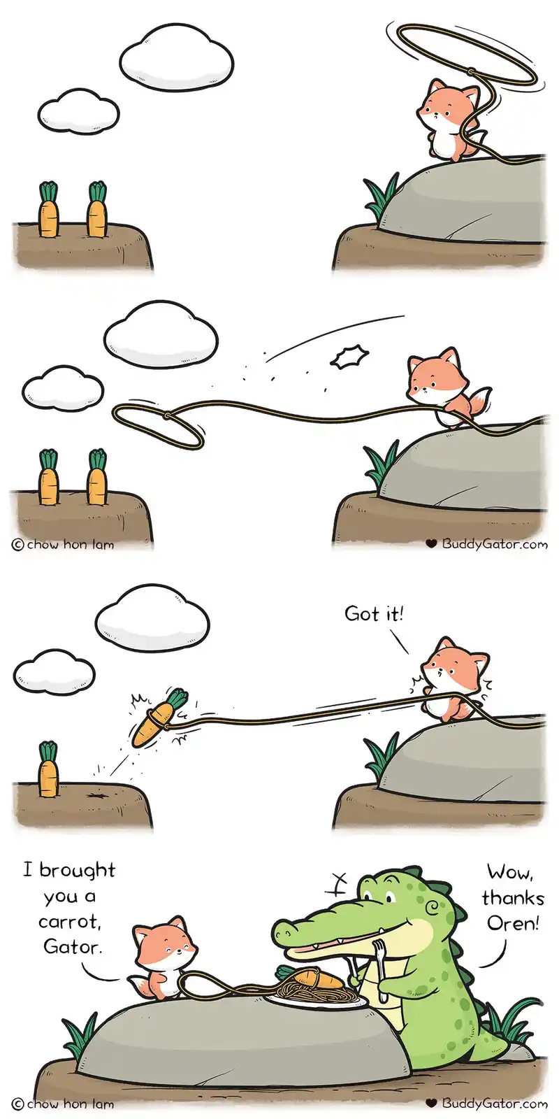 A four-panel comic shows a fox using a lasso to steal a carrot from a field, then presents it to a crocodile who is eating…
