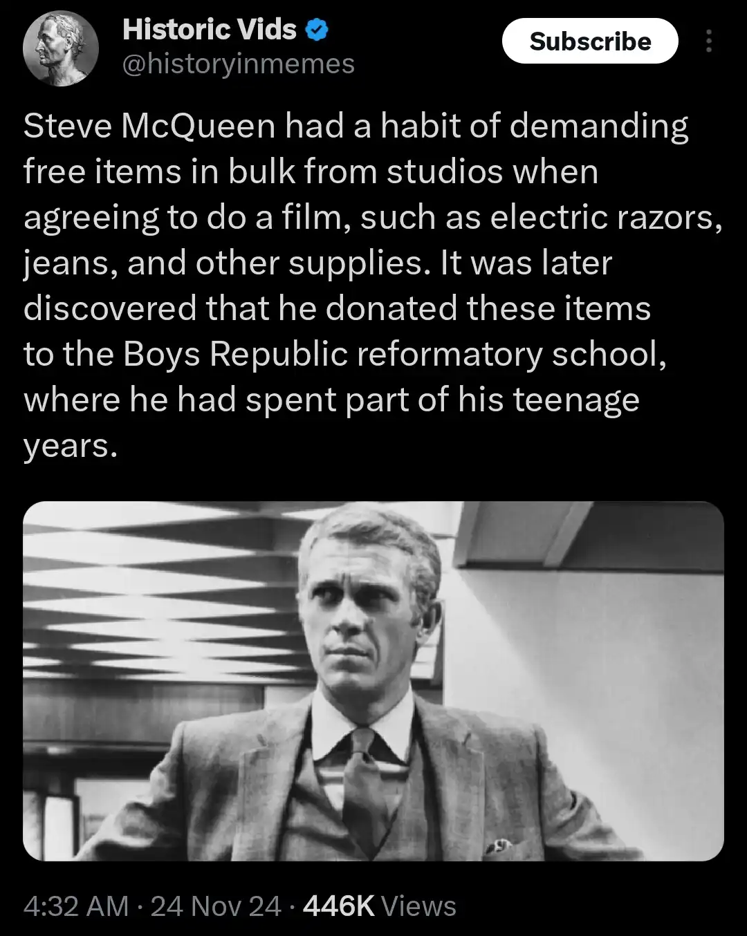 A black-and-white photo of Steve McQueen looking serious, overlaid with text describing how he demanded free items from film…