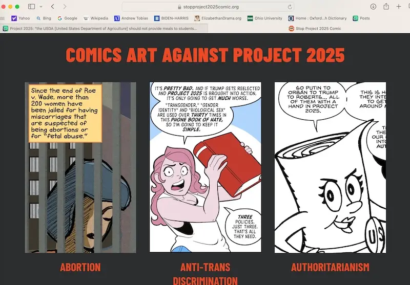 A comic strip titled 'COMICS ART AGAINST PROJECT 2025' is divided into three panels. The left panel shows a woman behind…