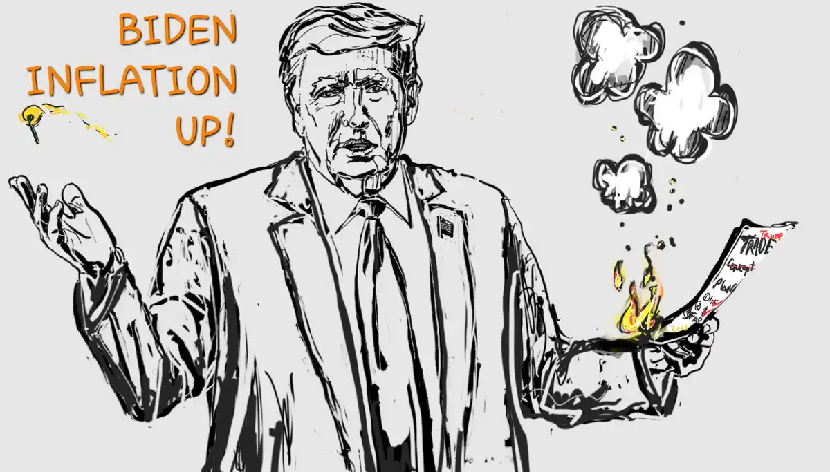 A black-and-white sketch shows a man resembling Donald Trump in a suit and tie, gesturing with one hand while holding a…