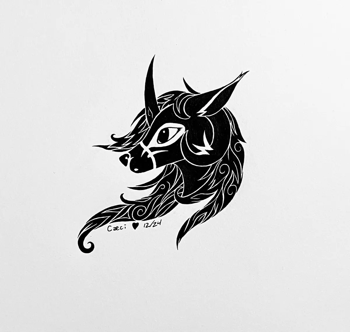 A black and white stylized illustration of a mythical creature's head, resembling a bull or minotaur with horns and flowing…