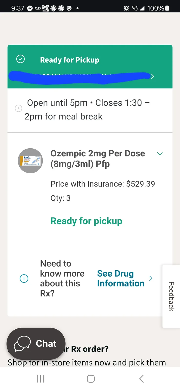 A screenshot of a pharmacy app showing an Ozempic prescription ready for pickup, priced at $529.39 for three doses, with…