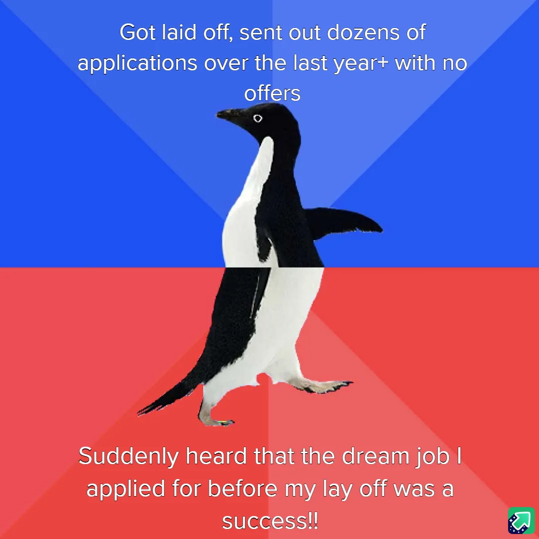 A penguin stands centered against a split blue and red background, with white text overlaid in two sections. The top text…