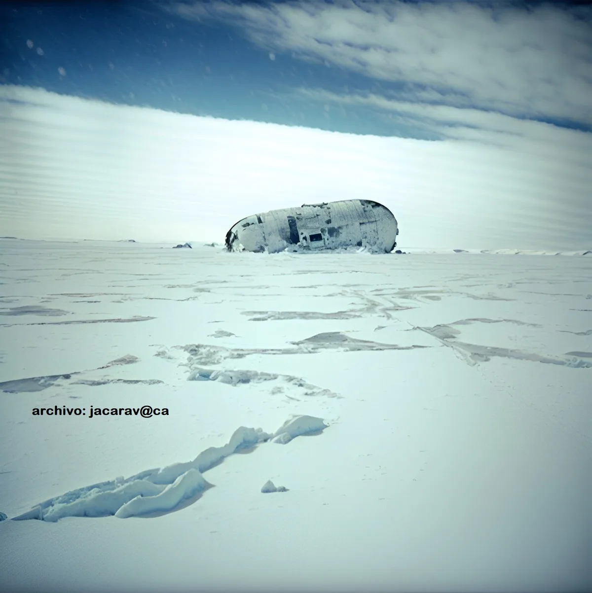 A weathered, snow-covered airplane fuselage lies abandoned in a vast, flat, icy expanse under a partly cloudy sky. The image…