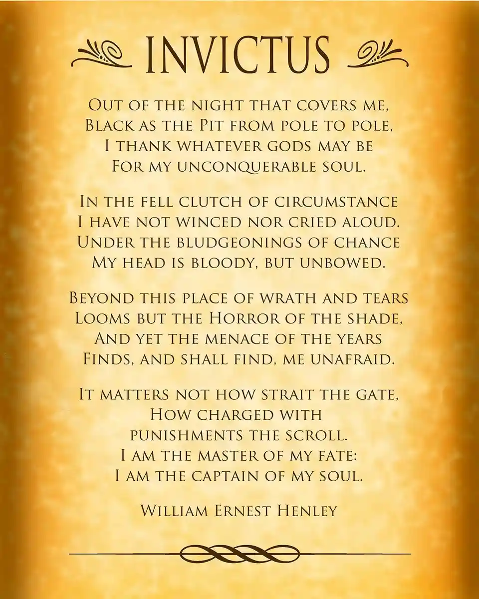 The image displays the full text of the poem 'Invictus' by William Ernest Henley, presented in a classic serif font on a…