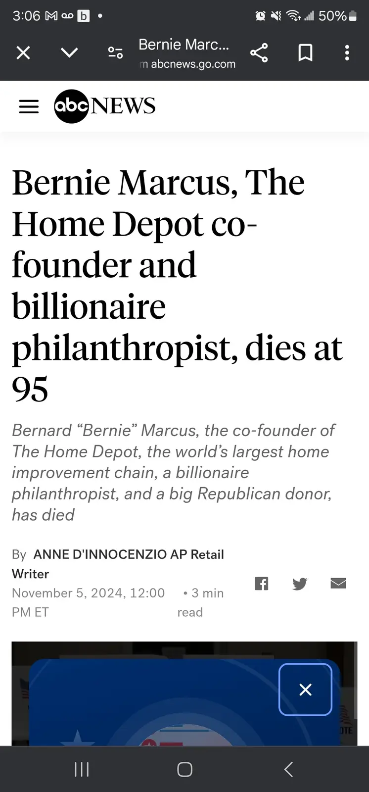 A screenshot of an ABC News mobile article announcing the death of Bernie Marcus, co-founder of Home Depot, at age 95. The…