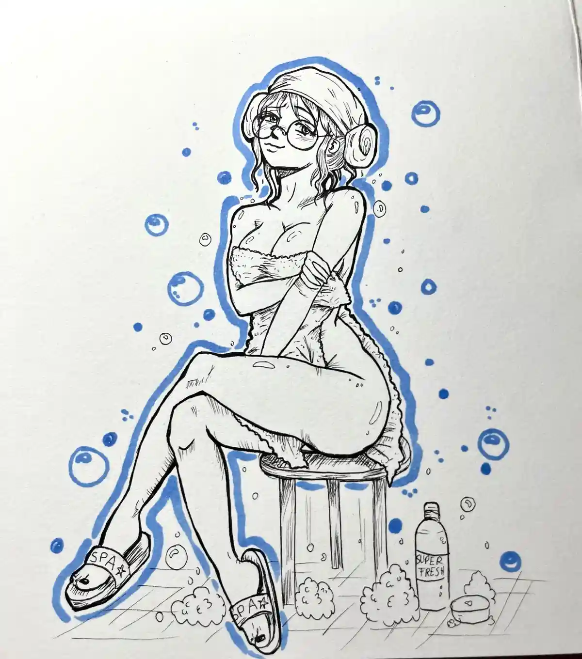 A line drawing of a woman with glasses and a headband sits on a stool, wrapped in a towel, surrounded by blue bubbles. She…