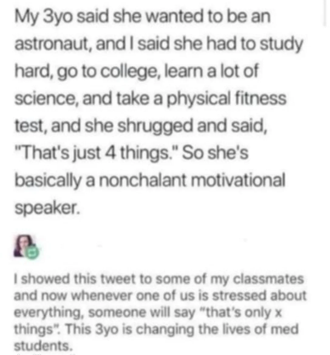 The image displays a screenshot of a social media post with two text blocks. The first block describes a 3-year-old's…