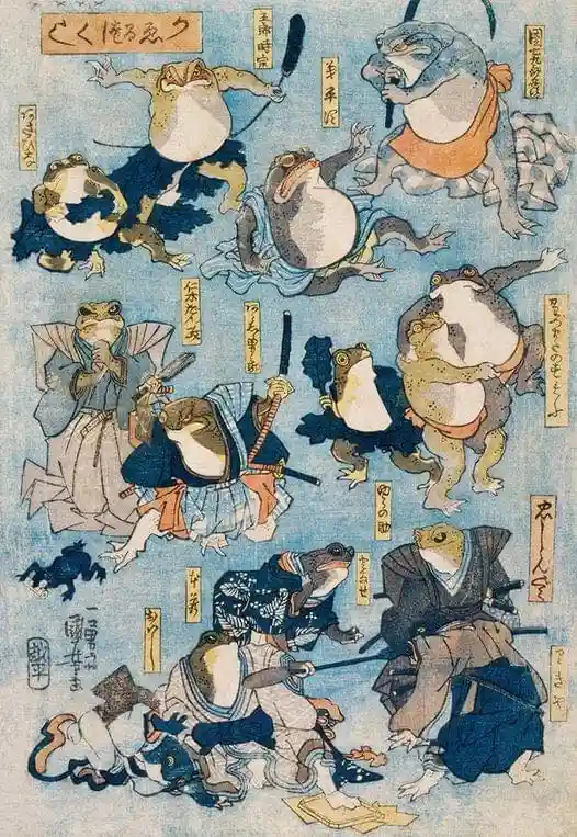 A traditional Japanese ukiyo-e woodblock print depicting multiple anthropomorphic frogs dressed in samurai armor and…