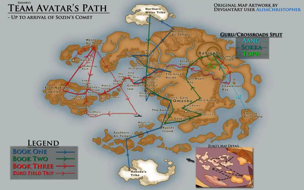A detailed map of the world from the animated series 'Avatar: The Last Airbender' showing the paths of the main characters…