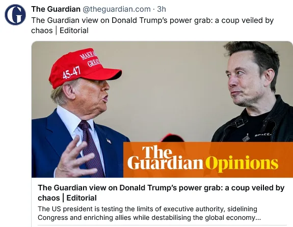 A screenshot of a The Guardian Twitter post featuring a photo of Donald Trump wearing a red 'MAKE AMERICA GREAT AGAIN' cap…