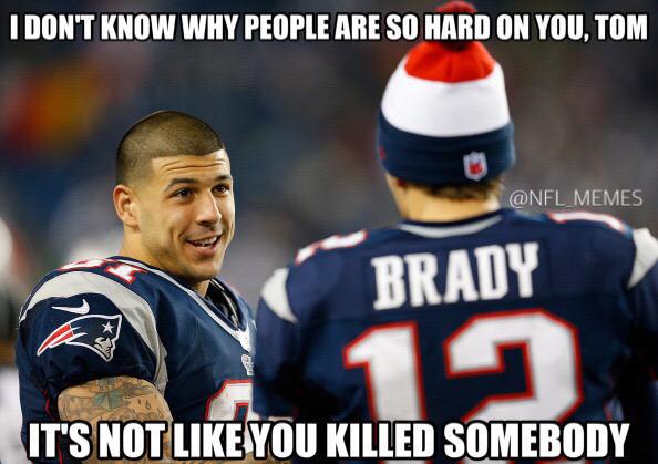 A photo of two New England Patriots football players, one facing the camera with a smirk and the other seen from behind…
