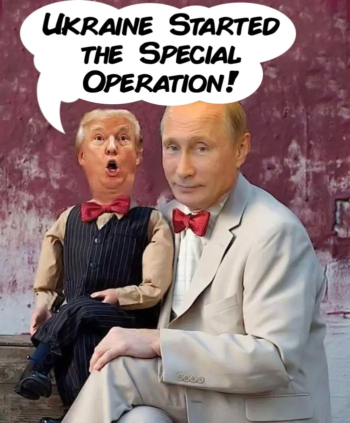A man in a beige suit holds a doll resembling Donald Trump, who has a shocked expression. A speech bubble above the doll…