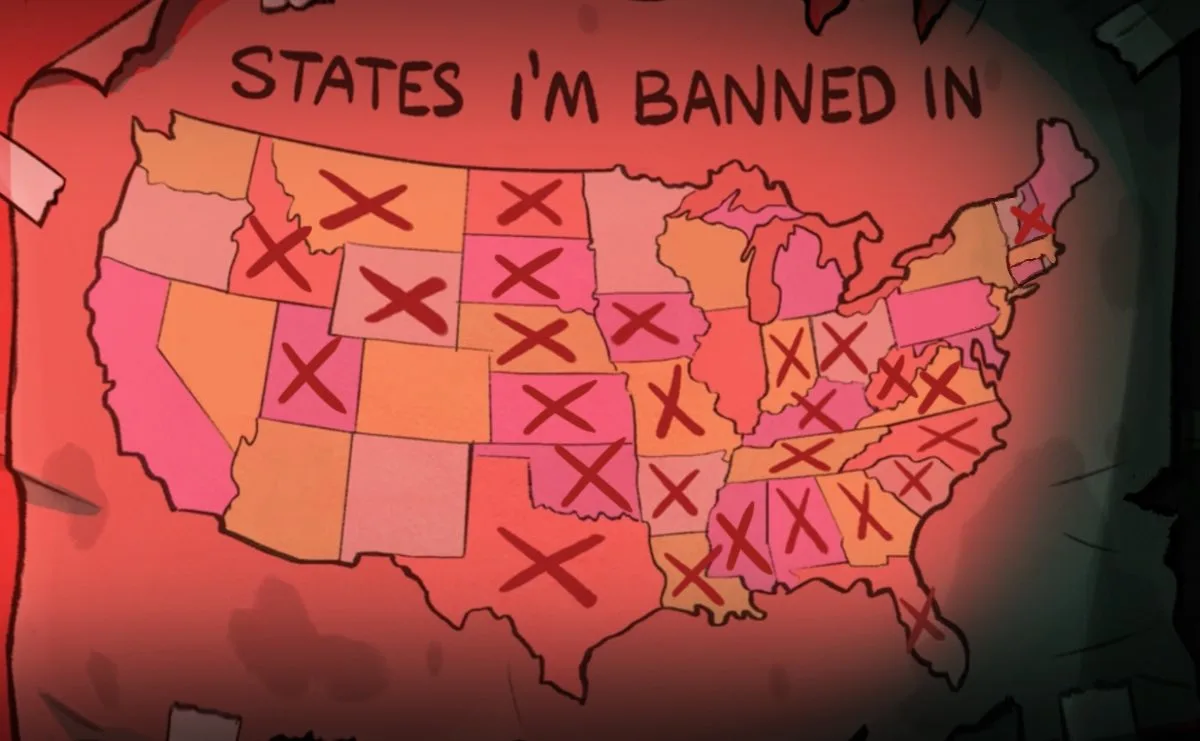 A cartoon map of the United States with the title 'STATES I'M BANNED IN' overlaid. Most states are marked with red X's…