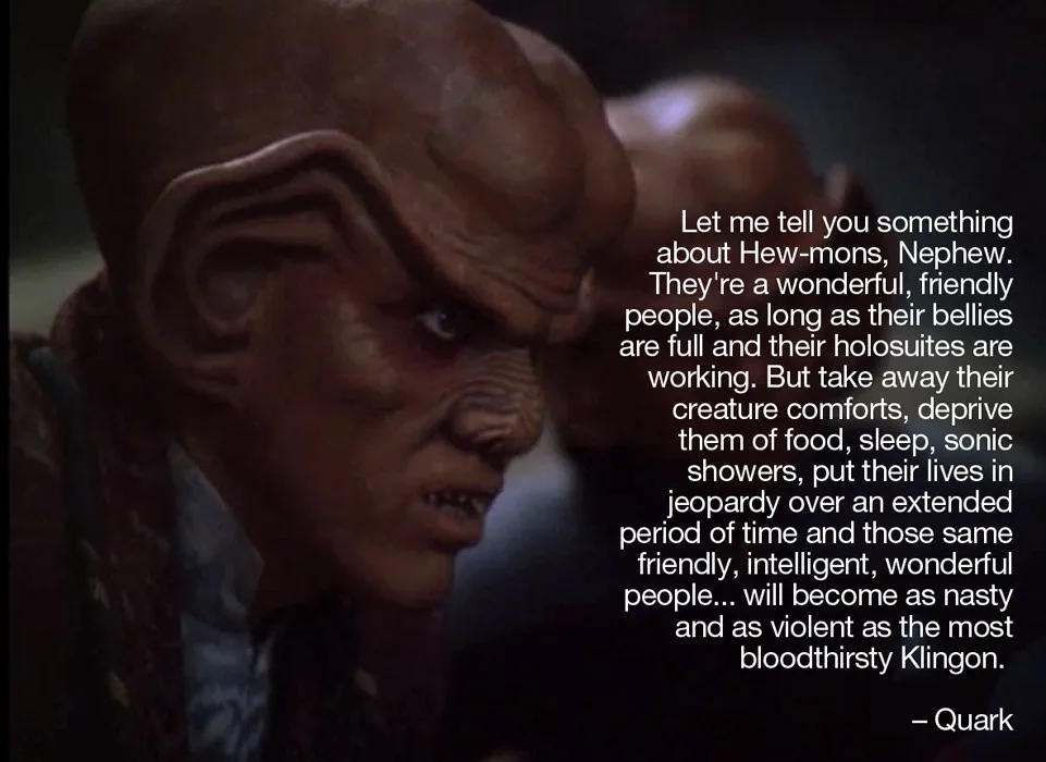A close-up of a bald, alien character with large, pointed ears and a stern expression, overlaid with white text quoting…
