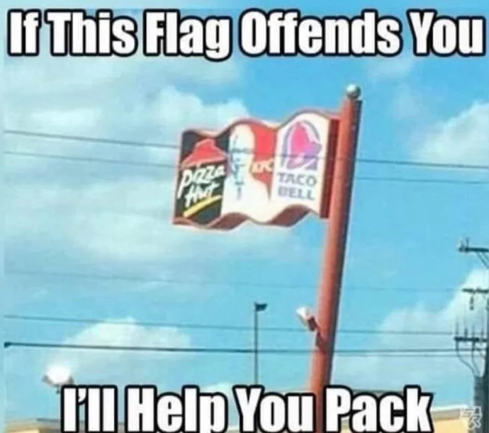 A flagpole displays a flag with three fast-food logos: Pizza Hut, KFC, and Taco Bell, arranged side-by-side. The top text…
