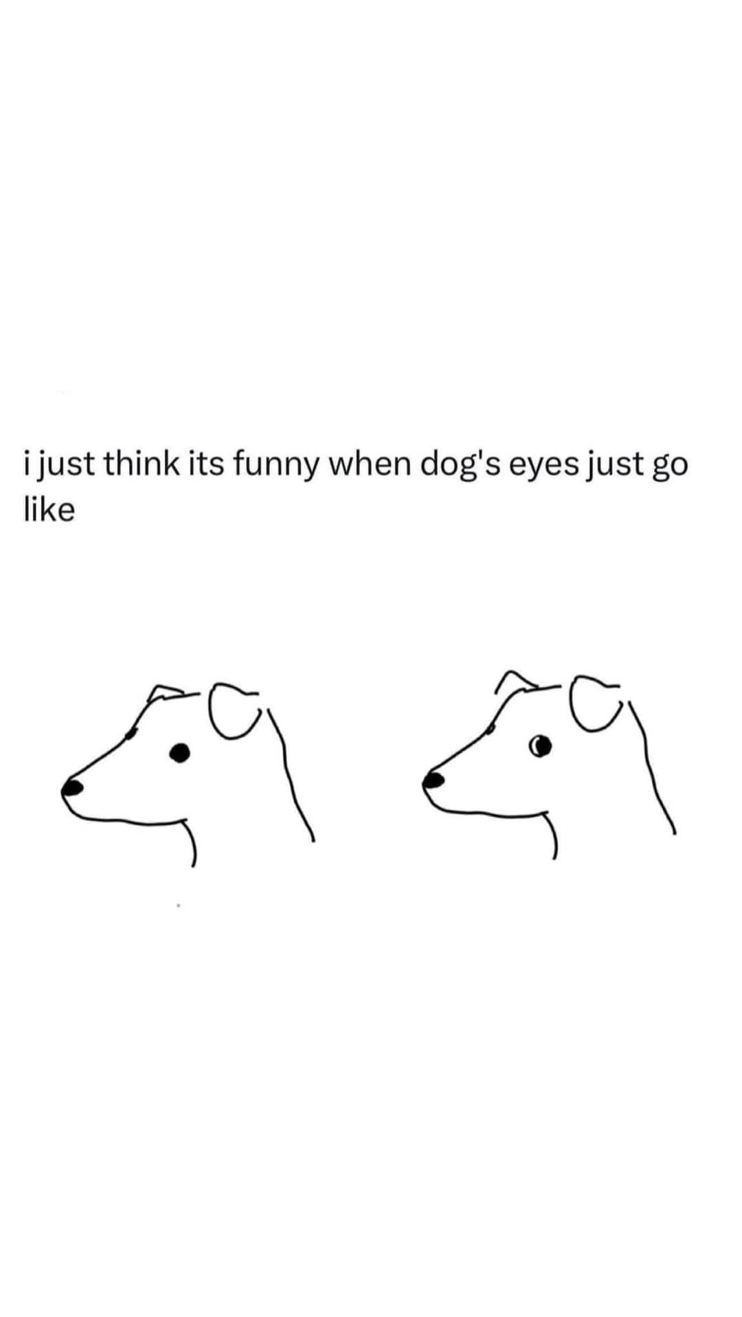 Two simple black-and-white line drawings of dog heads side by side. The dog on the left has a small, flat dot for an eye…