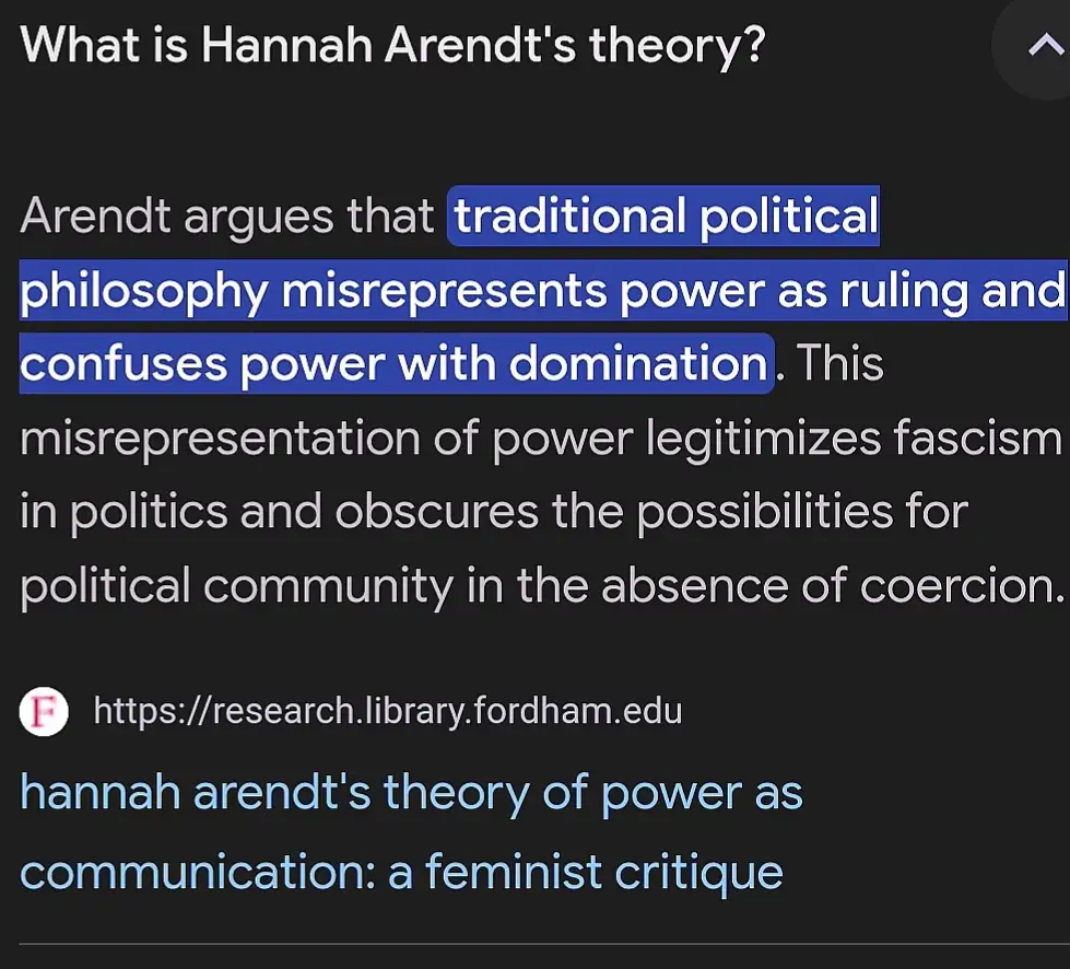 A screenshot of a digital text excerpt with a dark background and white text, highlighting a passage about Hannah Arendt's…