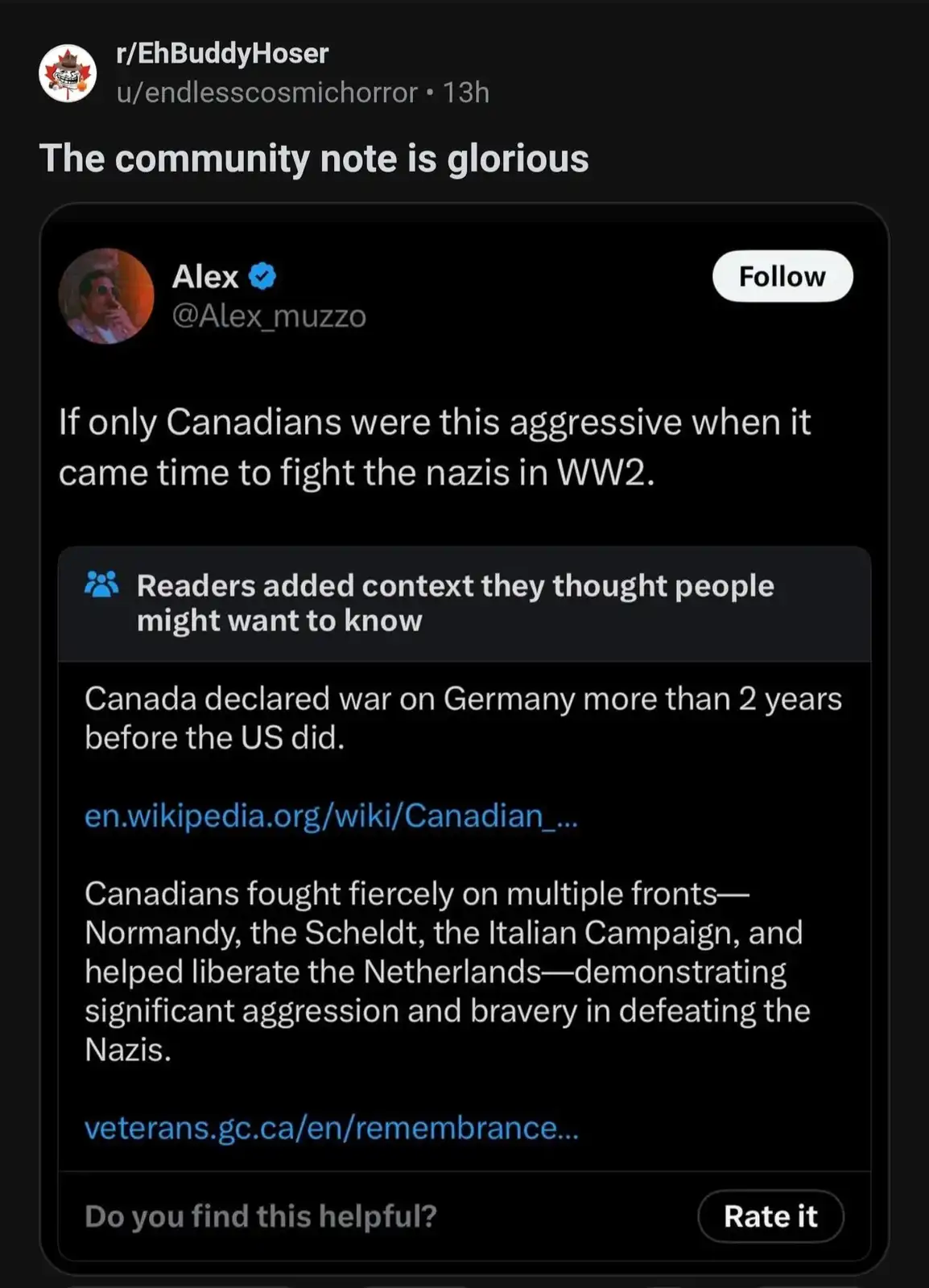 A screenshot of a Twitter post by user Alex (@Alex_muzzo) that reads 'If only Canadians were this aggressive when it came…