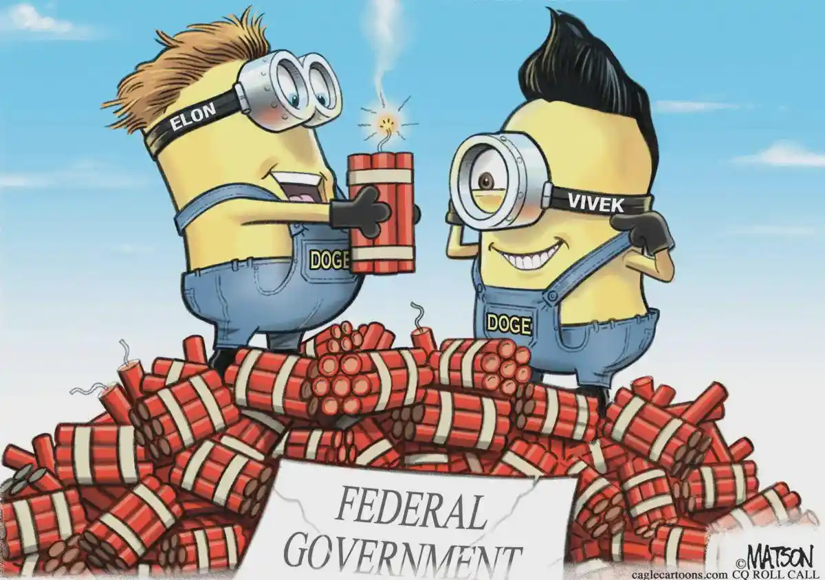 Two Minions, one labeled 'ELON' and the other 'VIVEK', both wearing goggles and overalls with 'DOGE' on them, stand atop a…