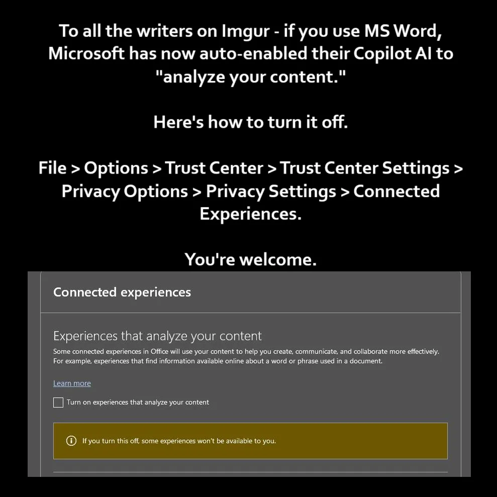 A black background with white text humorously informs Imgur writers that Microsoft auto-enabled Copilot AI in Word to…