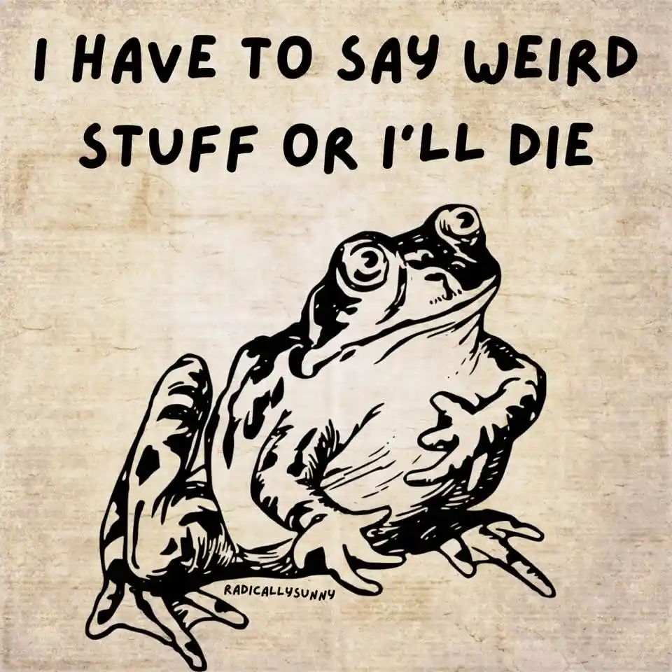 A black-and-white illustration of a frog sitting upright on a textured beige background, with bold text above it reading 'I…