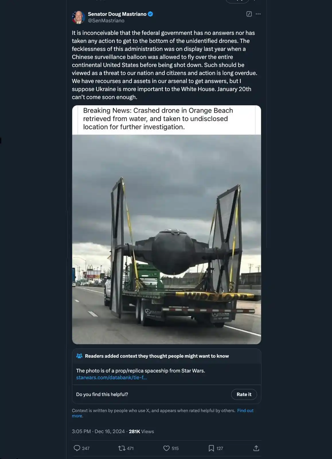 A screenshot of a tweet by Senator Doug Mastriano shows a photo of a large, black, TIE fighter-style spaceship replica on a…