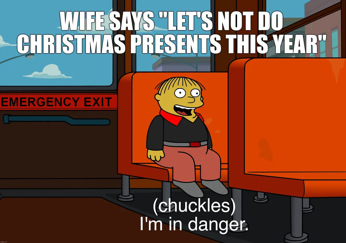 A cartoon boy with blonde hair sits on an orange bus seat, looking terrified. Text above reads "WIFE SAYS 'LET'S NOT DO…