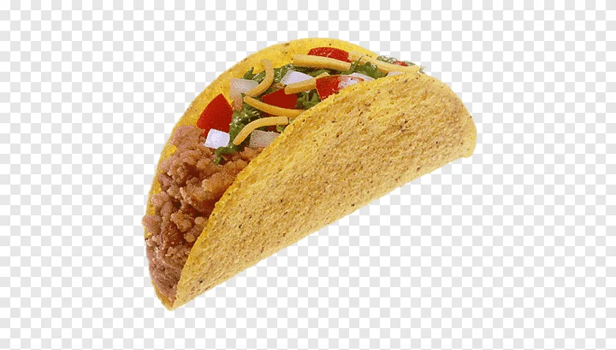 A single, filled taco shell with ground meat, shredded cheese, diced onions, and lettuce is shown against a transparent…