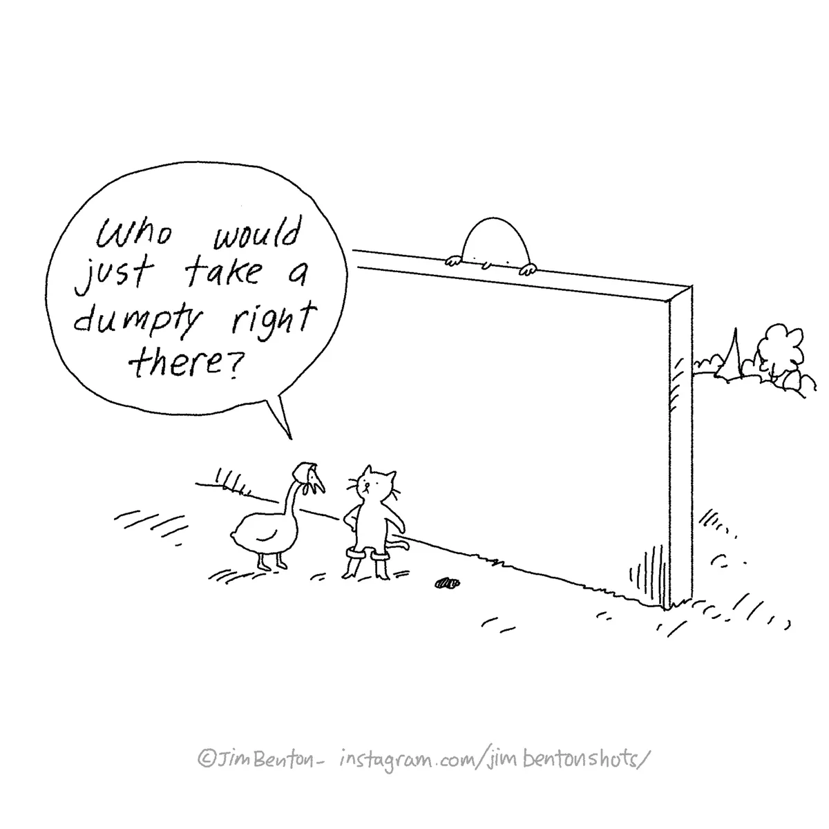 A black-and-white cartoon shows a goose and a cat standing near a large, upright rectangular object, possibly a tombstone or…