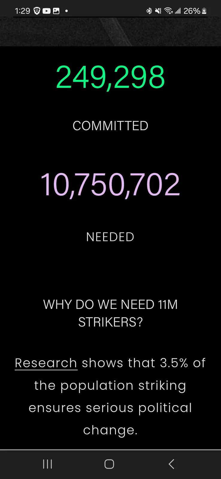 A black screen displays two large numbers: 249,298 (green) labeled 'COMMITTED' and 10,750,702 (purple) labeled 'NEEDED'…