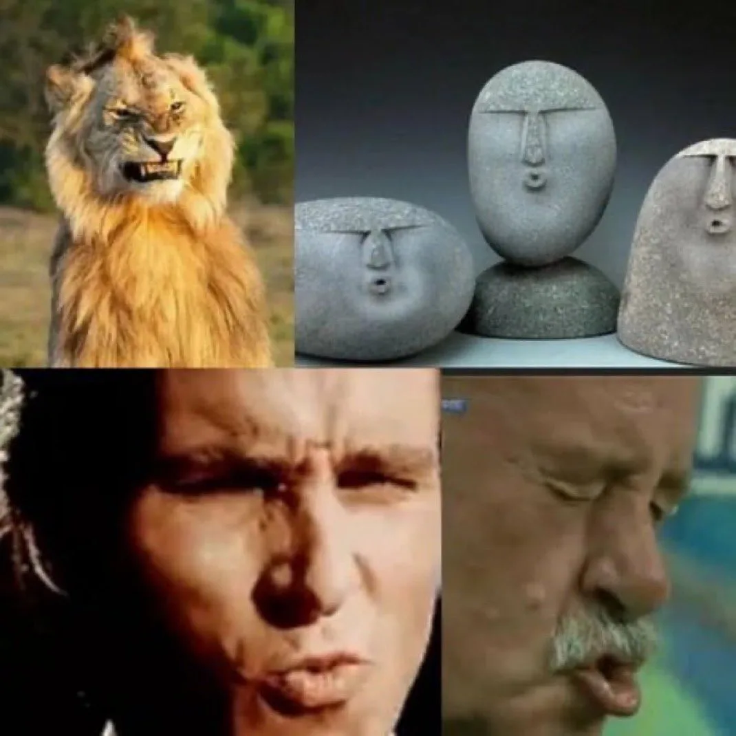 A four-panel meme collage featuring a snarling lion, three abstract stone sculptures with minimalist faces, Johnny Depp with…